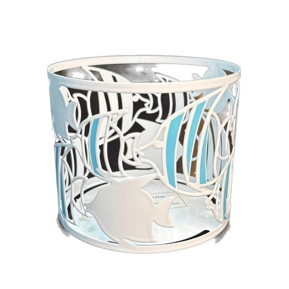 Bath & Body Works White and Blue Tropical Fish 3-Wick Candle Holder Sleeve